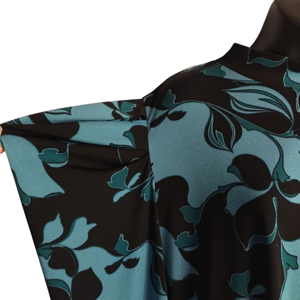 Cato Top Blouse Womens Teal Blue Black Floral Mock Neck Ruched Shoulder Sz 18/20 - Picture 5 of 10